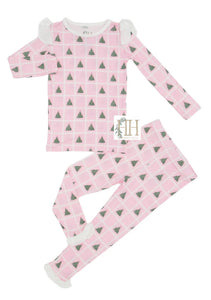 Pink Check Tree Ruffle Loungewear Set by Hamner Hill