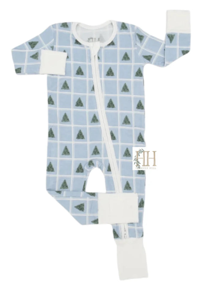 Blue Check Tree Double Zipper Romper by Hamner Hill