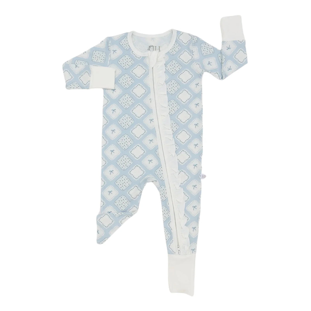 Bow Quilted Patch Ruffle Double Zipper Romper by Hamner Hill