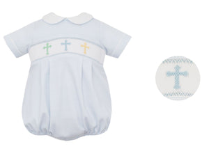 Baby Boys Light Blue Striped Smocked Crosses Bubble by Petit Bebe