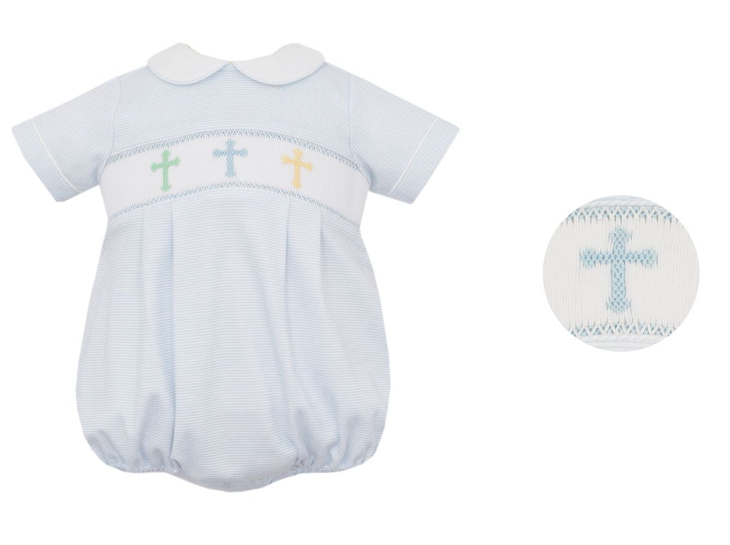 Baby Boys Light Blue Striped Smocked Crosses Bubble by Petit Bebe