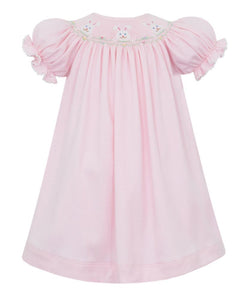 Pink Knit Smocked Bunny Face Bishop Dress by Petit Bebe