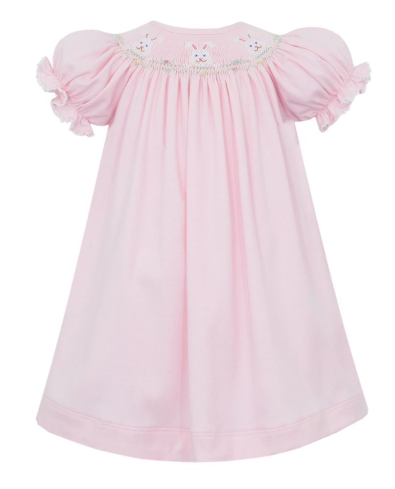 Pink Knit Smocked Bunny Face Bishop Dress by Petit Bebe