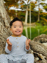 Load image into Gallery viewer, Grey/White Stripe Mason Romper by Me &amp; Henry
