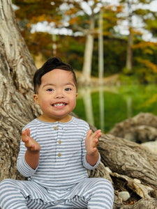 Grey/White Stripe Mason Romper by Me & Henry