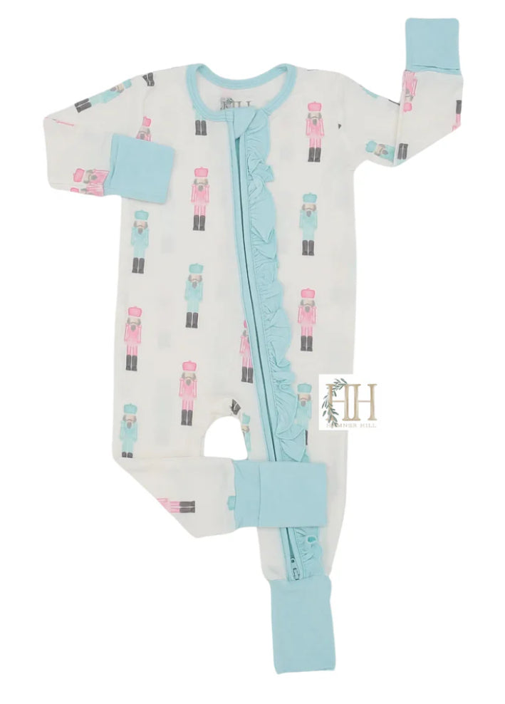 Pink & Teal Nutcracker Ruffle Double Zipper Romper by Hamner Hill