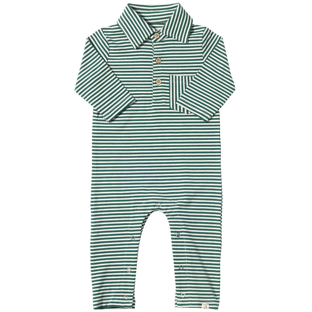 Dark Green/White Stripe Polo Romper by Me & Henry