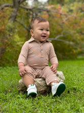 Load image into Gallery viewer, Pumpkin/Beige Double Stripe Romper by Me &amp; Henry
