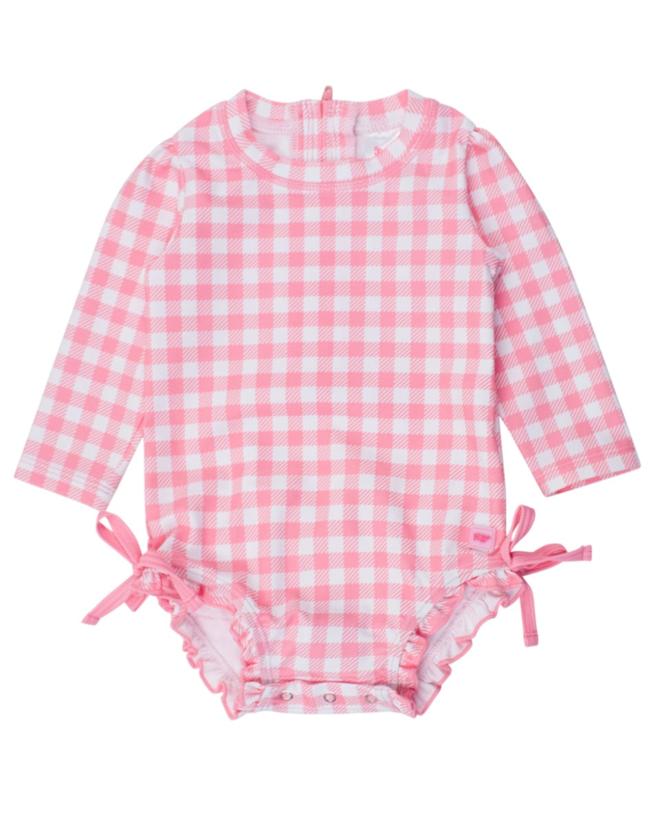 Bubblegum Gingham LS One-Piece Rashguard by RuffleButts