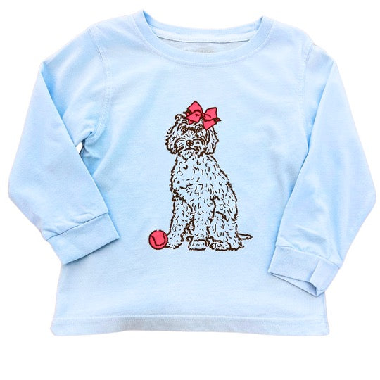 LS Light Blue Doodle Dog w/ Bow T-Shirt by Mustard & Ketchup Kids