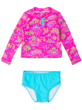 Load image into Gallery viewer, Neon Island Time Rashguard LS 2-piece Zipper Swimsuit by RuffleButts
