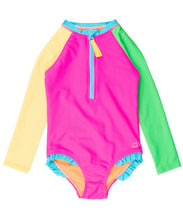 Load image into Gallery viewer, Neon Color Block LS One-Piece Rashguard Swimsuit by RuffleButts
