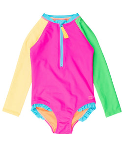 Neon Color Block LS One-Piece Rashguard Swimsuit by RuffleButts