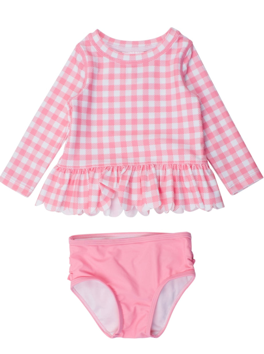 Bubblegum Gingham Scalloped LS Rashguard 2-piece Swimsuit by RuffleButts