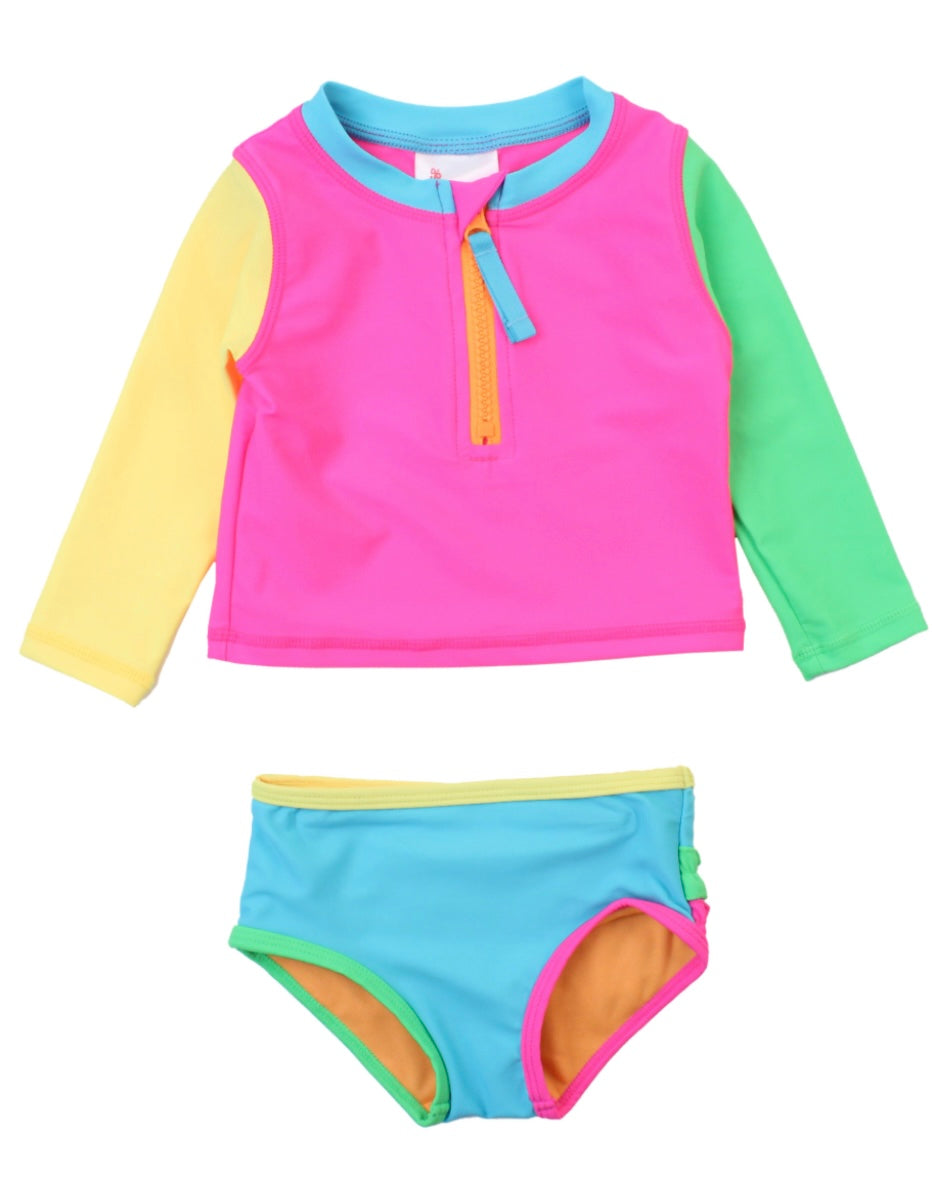 Neon Color Block Rashguard LS 2-piece Zipper Swimsuit by RuffleButts