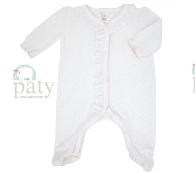 White w/ Lace & Pink Trim Footie by Paty