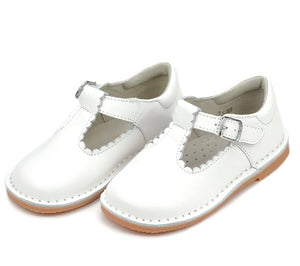 L’Amour White Scalloped Leather T-Strap Shoes