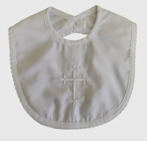 White Embroidered Cross Christening Bib (Scalloped Edge)