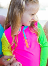 Load image into Gallery viewer, Neon Color Block Rashguard LS 2-piece Zipper Swimsuit by RuffleButts
