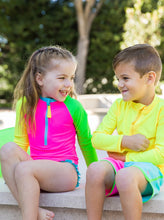 Load image into Gallery viewer, Neon Color Block LS One-Piece Rashguard Swimsuit by RuffleButts
