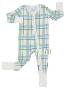 Blue & Green Check Double Zipper Romper by Hamner Hill