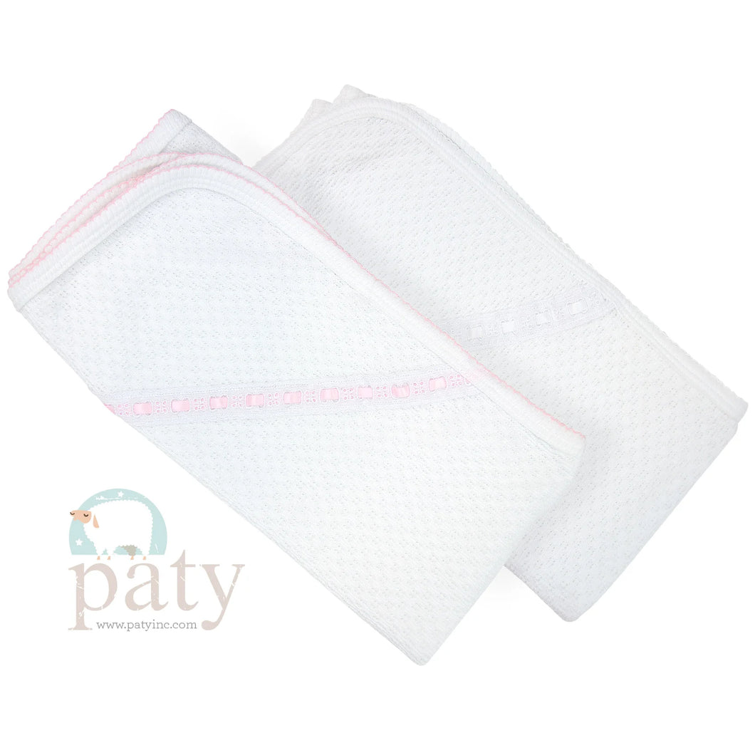 White Receiving Blanket w/ Pink Eyelet Trim by Paty