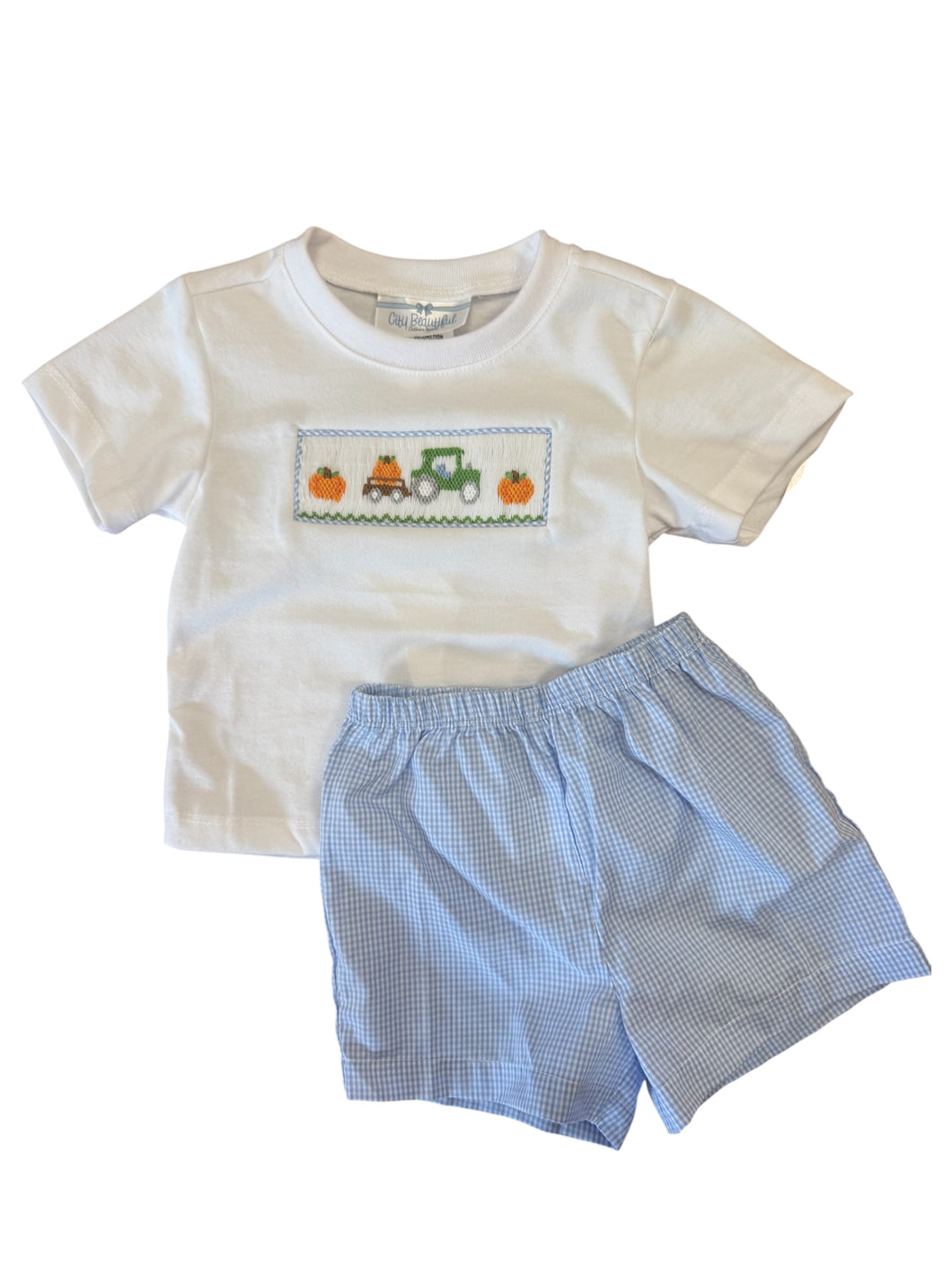 Pumpkin Tractor Smock Short Set by City Beautiful