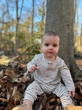 Load image into Gallery viewer, Taupe/White Stripe Mason Romper by Me &amp; Henry
