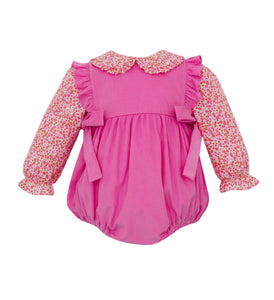 Rose Pink Corduroy Girl's Short Bubble W/Pink & Red Liberty Floral by Petit Bebe