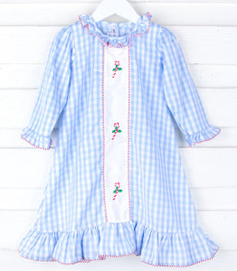 Candy Cane Embroidered Blue Gingham Nightgown by Sweet Dreams