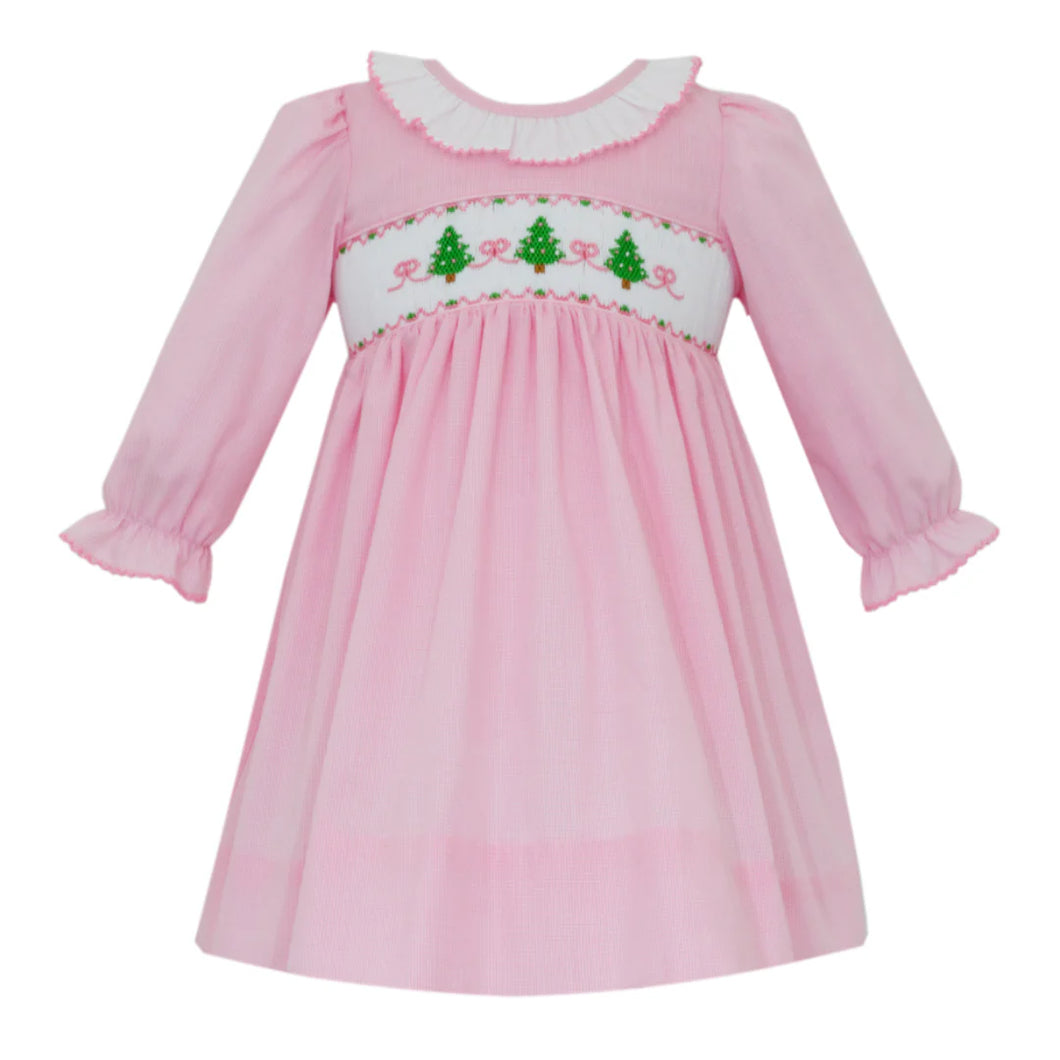 Christmas Tree Pink Microcheck LS Dress by Petit Bebe