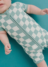 Load image into Gallery viewer, Seafoam Checkered Bamboo Short Romper

