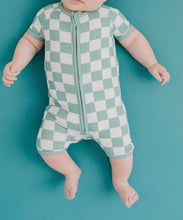 Load image into Gallery viewer, Seafoam Checkered Bamboo Short Romper
