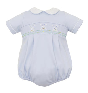 Blue Knit Smocked Bunny Face Bubble by Petit Bebe