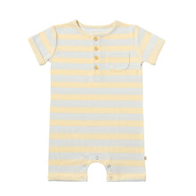 Load image into Gallery viewer, Blue/Cream Stripe Henley Romper by Me &amp; Henry
