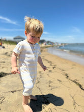 Load image into Gallery viewer, Blue/Cream Stripe Henley Romper by Me &amp; Henry
