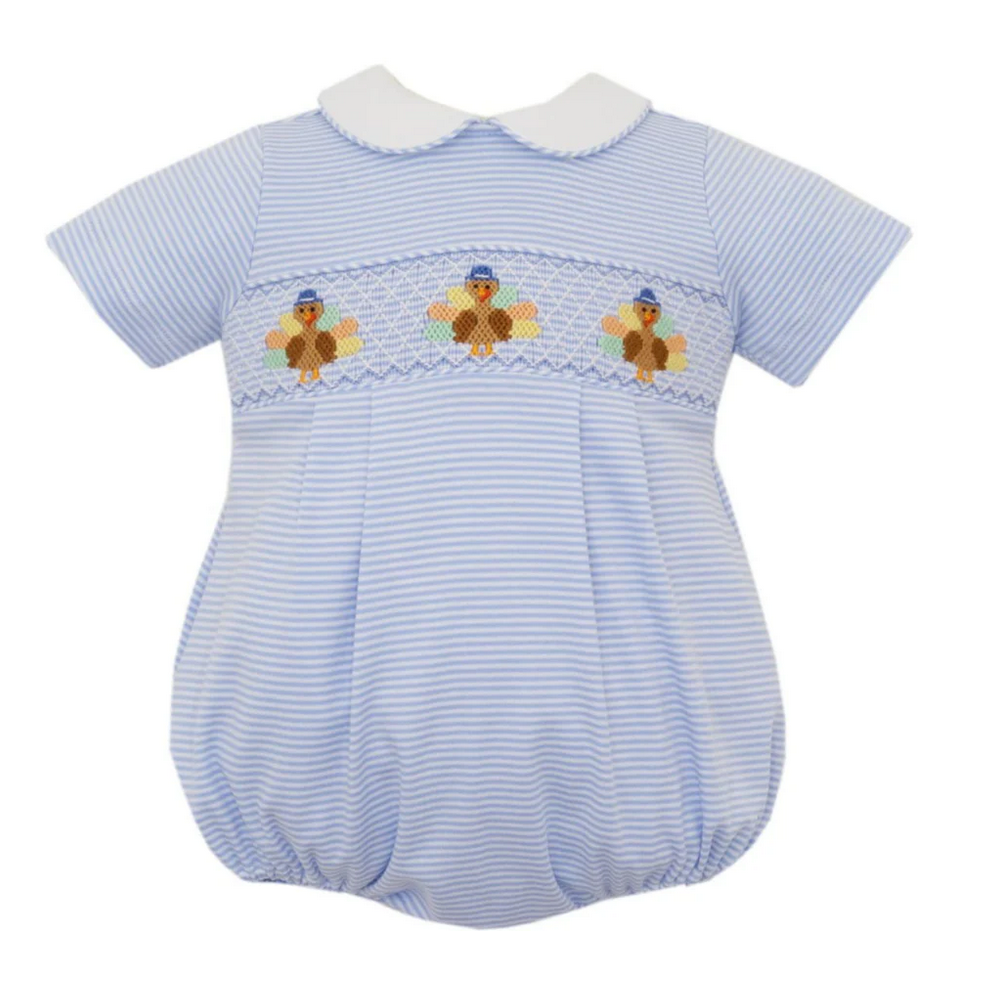 Boys Turkey Lt. Blue Knit Stripe Bubble by Petit Bebe