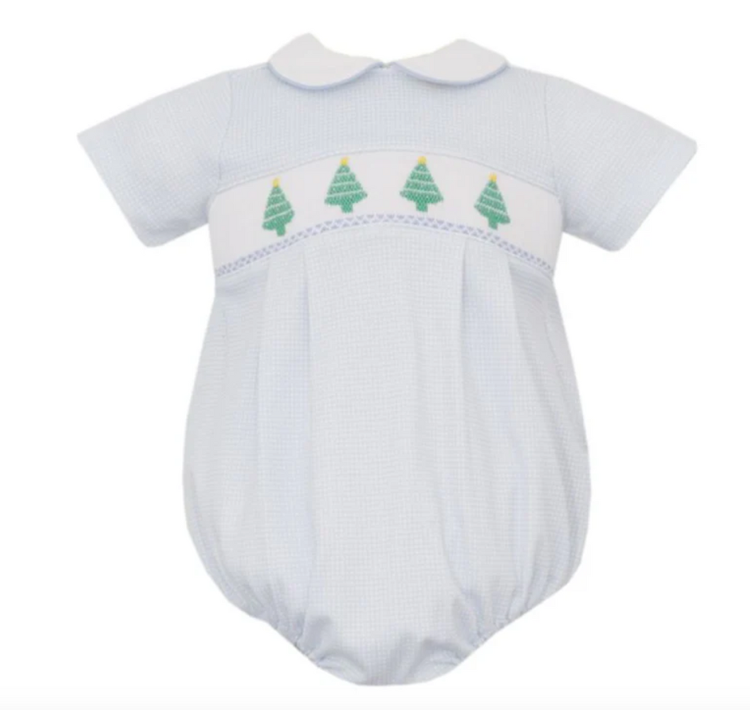Blue Check Christmas Tree Boy's Bubble by Petit Bebe