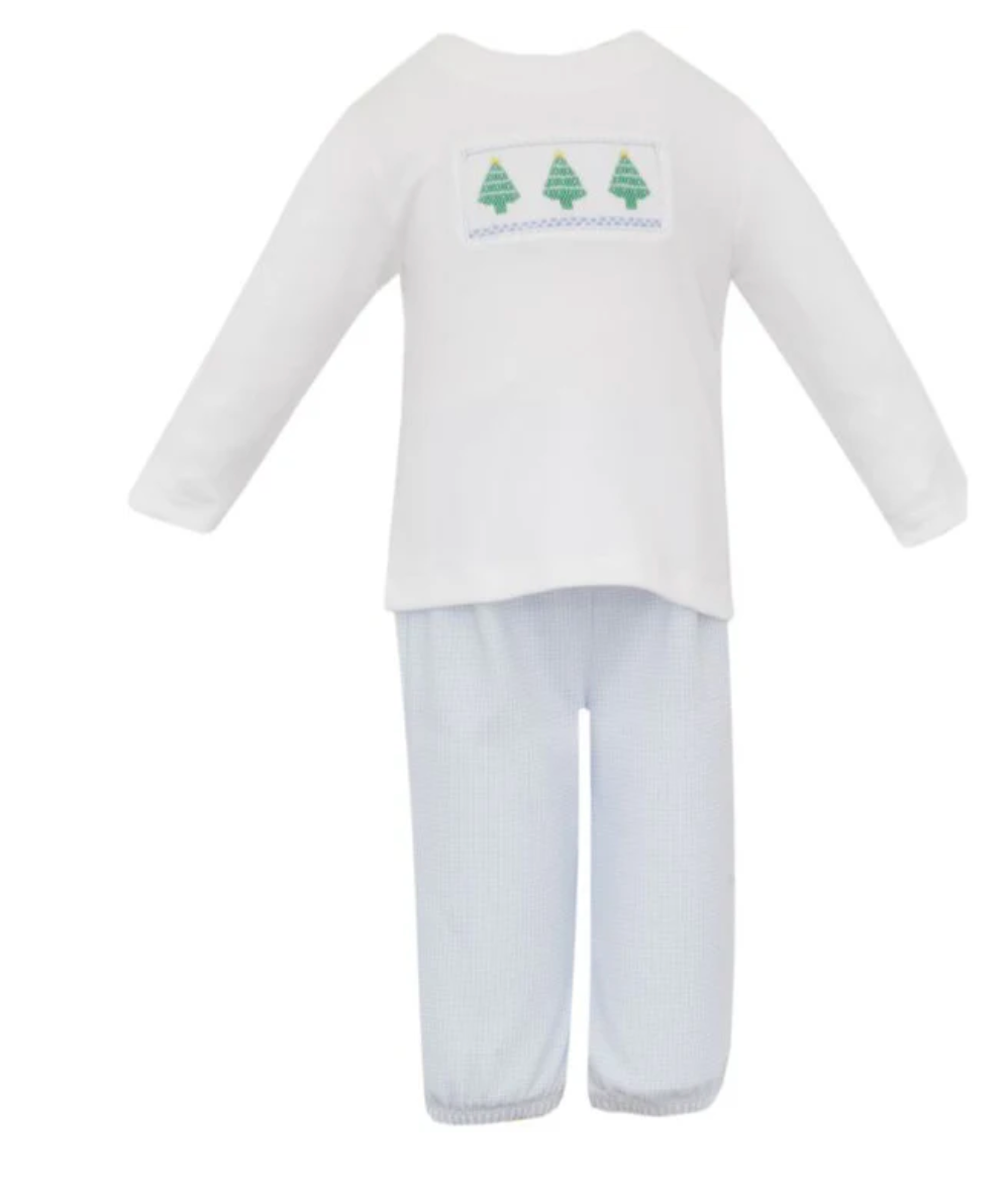 Blue Check Christmas Tree Boy's Pant Set by Petit Bebe