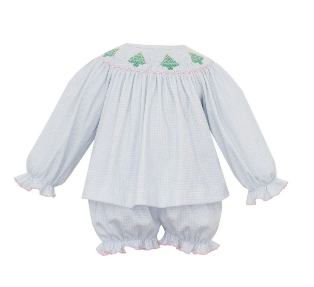 Blue Check Christmas Tree Bishop Bloomer Set by Petit Bebe