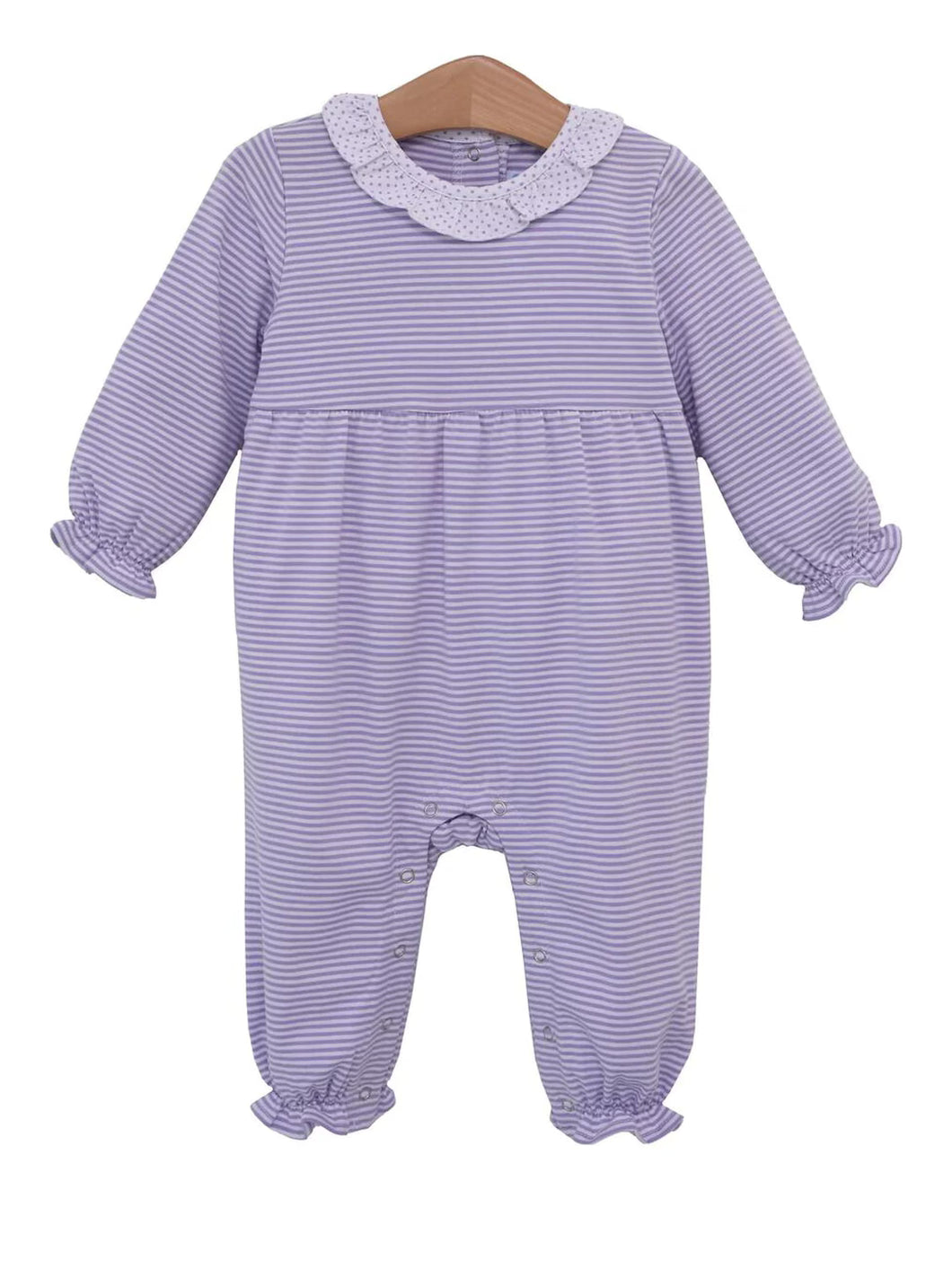 Purple Striped Ruffle Neck Romper by Trotter Street