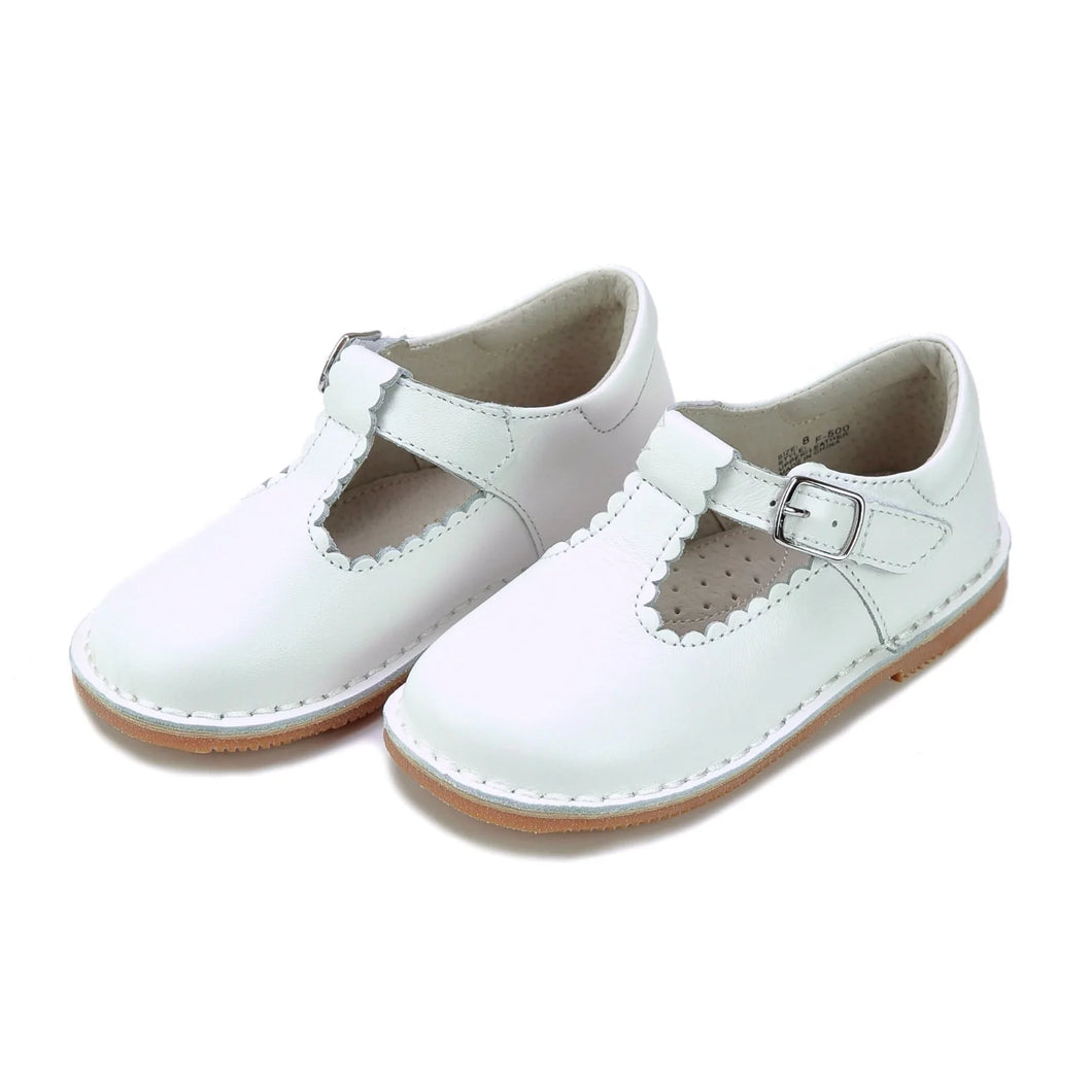 White Leather Scalloped T-Strap Shoes