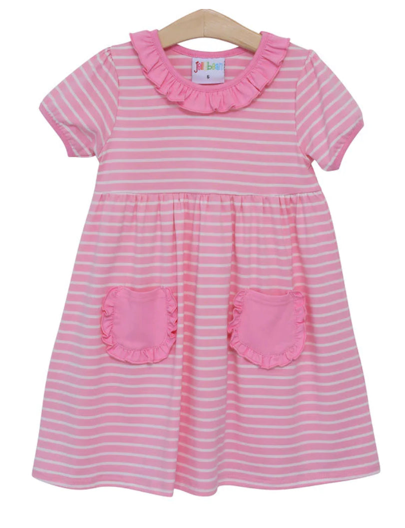 Pink Striped Ruffle Pocket Dress by Jellybean