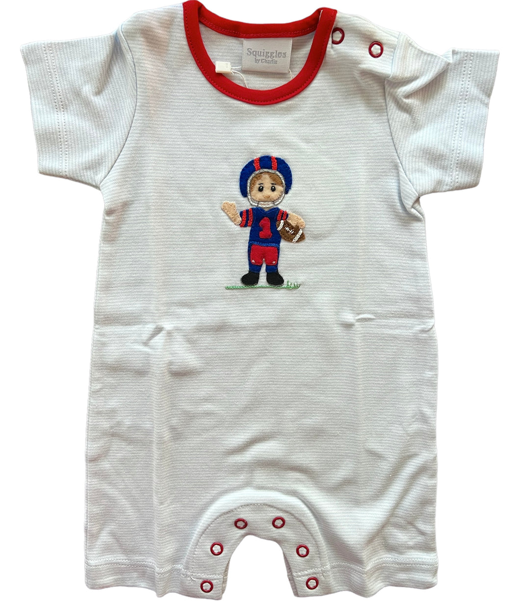 Powder Blue & Red Football Player Romper by Squiggles